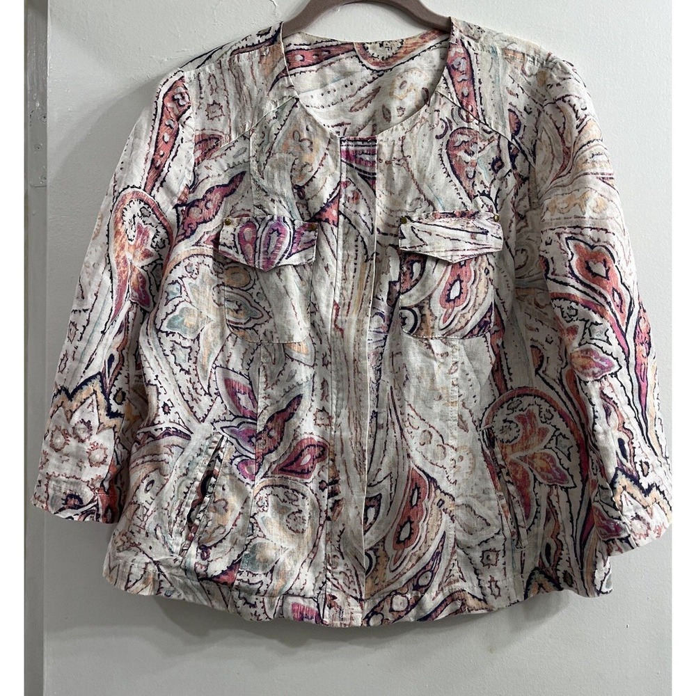 Chicos Womens Jacket 100% Linen Paisley Size L Full Zip Watercolor Pink Boho